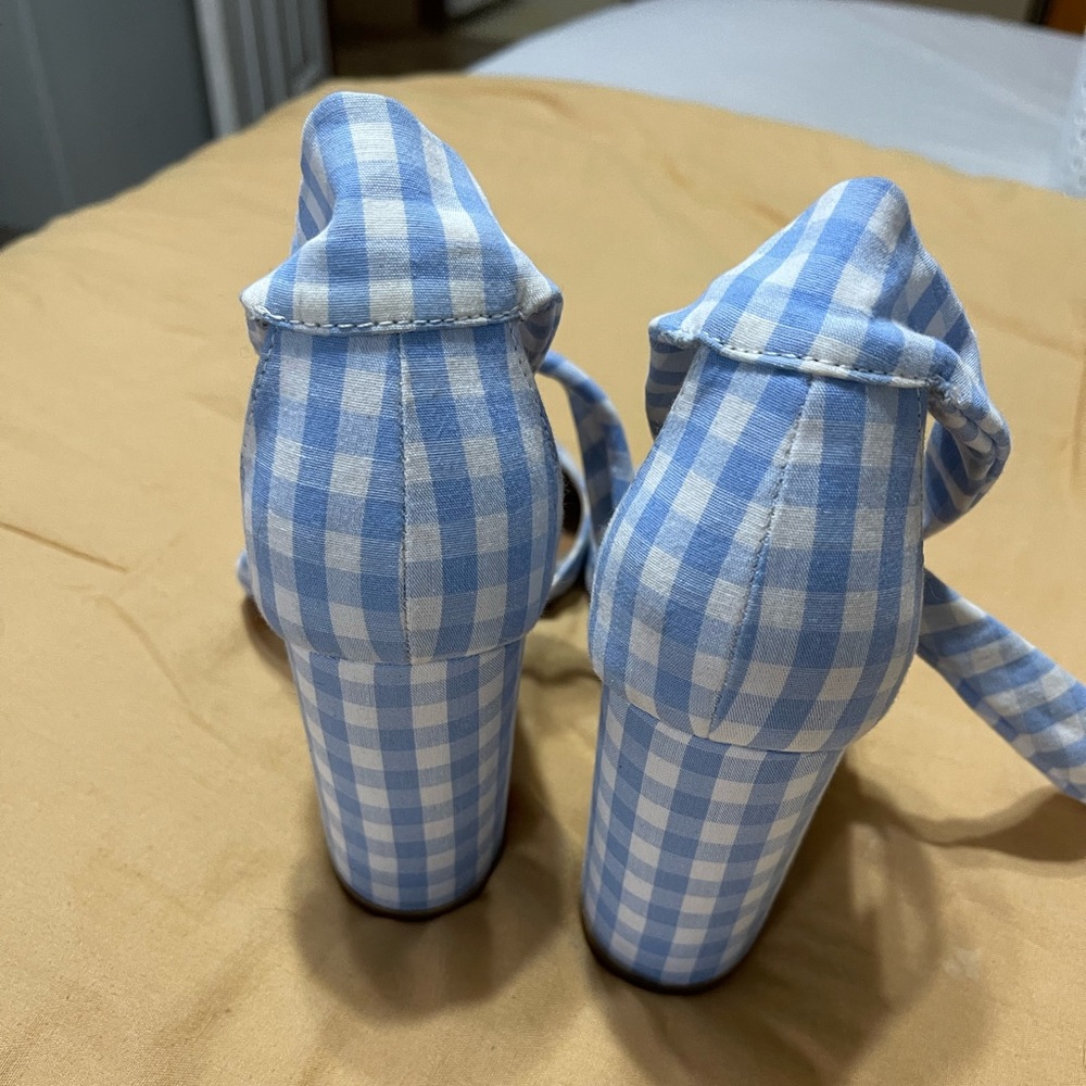 Lulu's Blue and White Gingham Tie-Ankle Heels - Picture 2 of 5